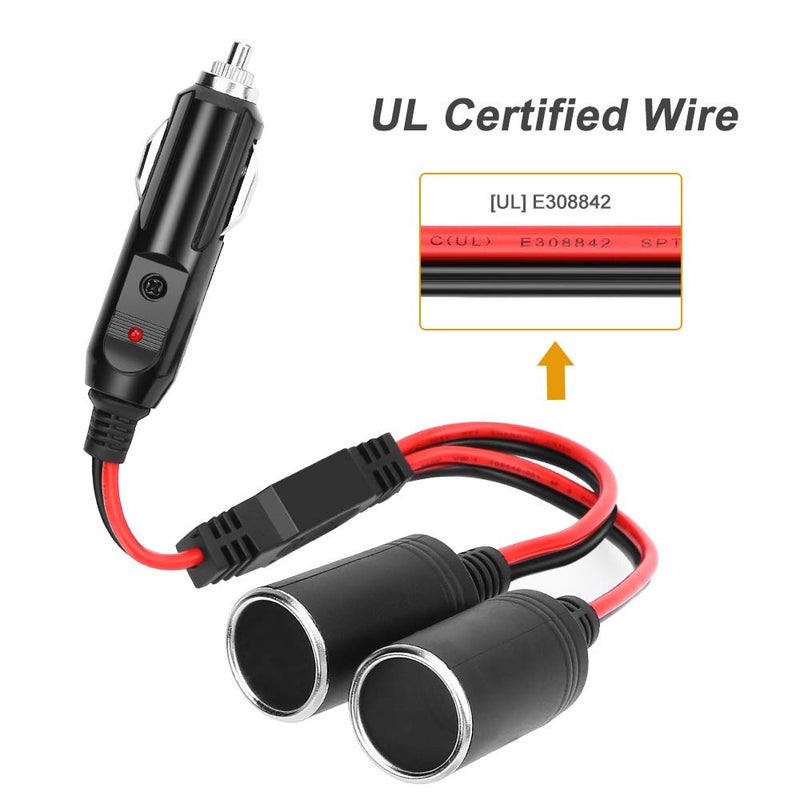 ELECTOP 1 to 2 Car Cigarette Lighter Splitter Adapter Power Charger Port, 12V 24V Plug Socket 2-Way Splitter Y Adapter, 10 inch 16AWG Cigarette Lighter Extension Cord with 15A Fuse - Image 4